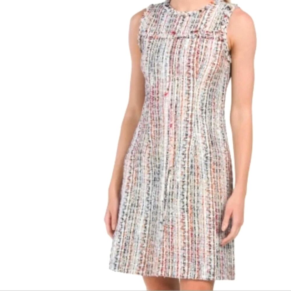 Elie Tahari Dean Tweed Sleeveless Dress Size 8 Multicolor Fringe Seams Zip Back